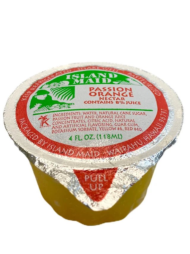 picture of Island Maid 4oz passion Orange Nectar (8% juice) with foil top lid