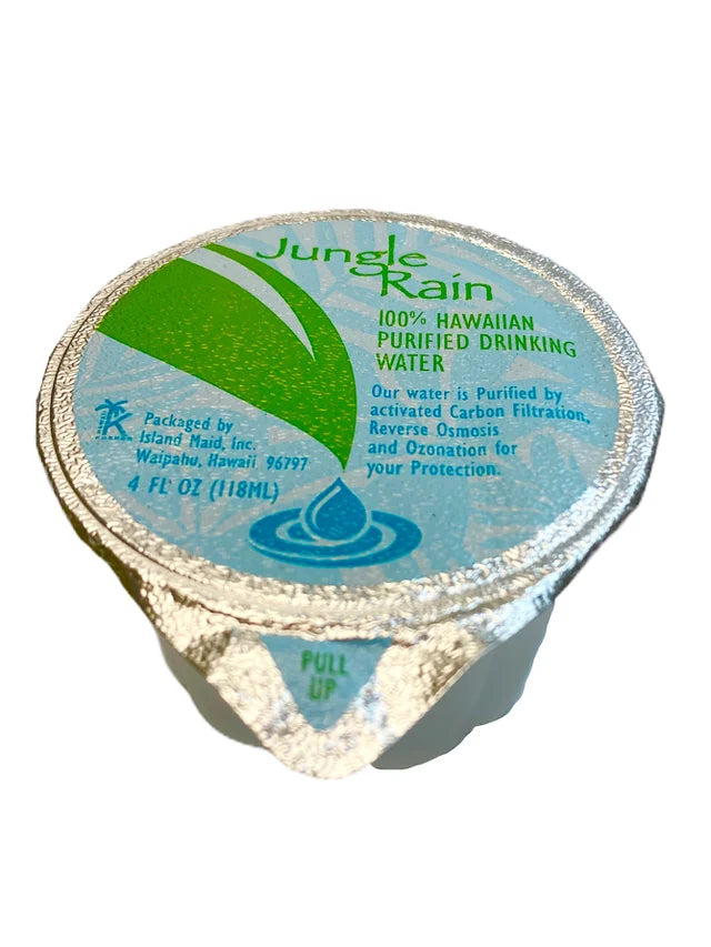 picture of Island Maid 4oz Jungle rain 100% Hawaiian purified drinking water with foil top lid