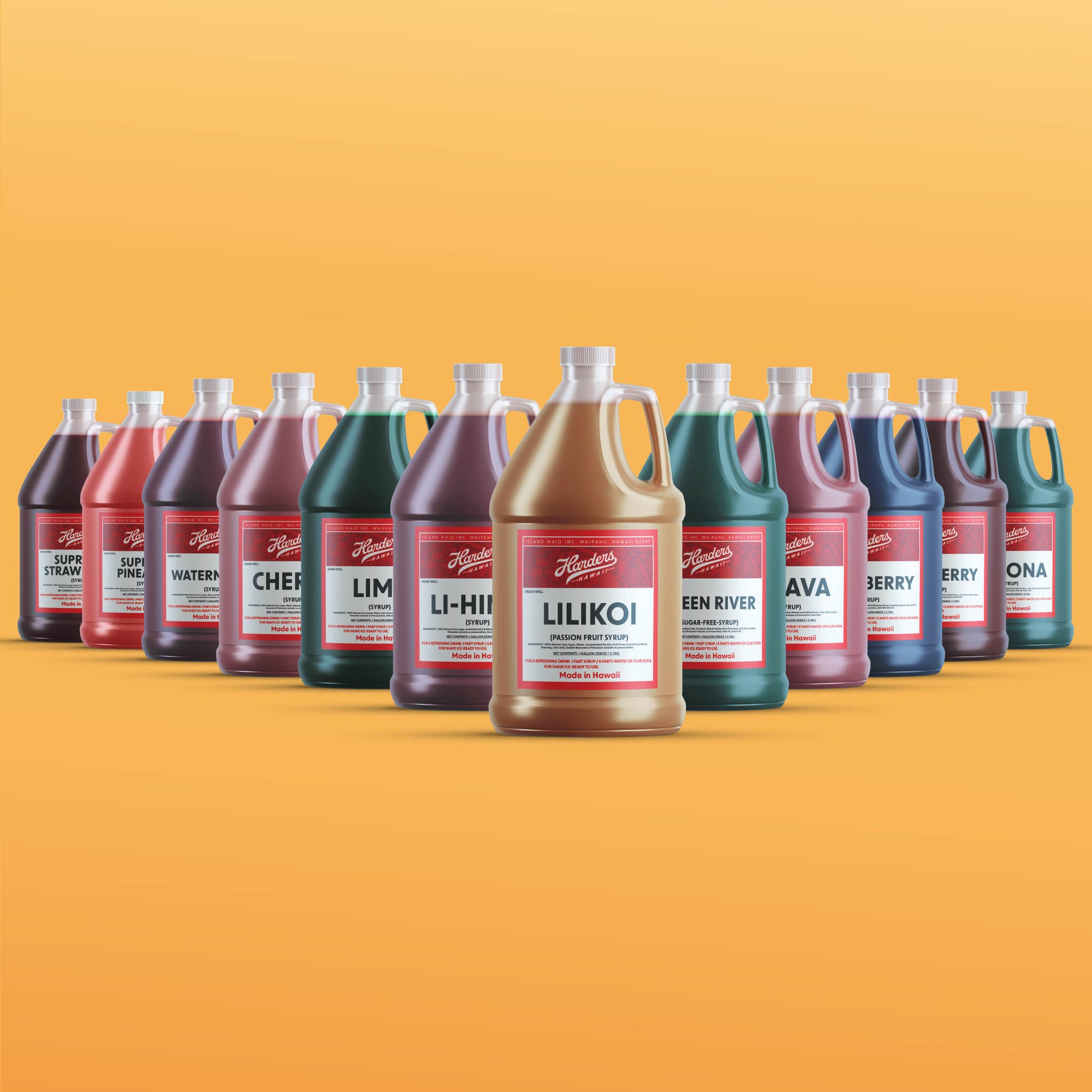 picture of 12 gallon syrup bottles in various flavors as an example
